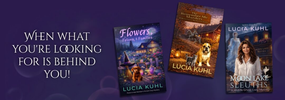 Three Lucia Kuhl cozy mystery book covers featuring the Flower Farm Mysteries, Willows Creek Murder Club, and Magic in Moon Lake series.