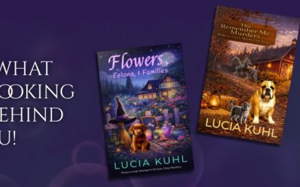 Three Lucia Kuhl cozy mystery book covers featuring the Flower Farm Mysteries, Willows Creek Murder Club, and Magic in Moon Lake series.